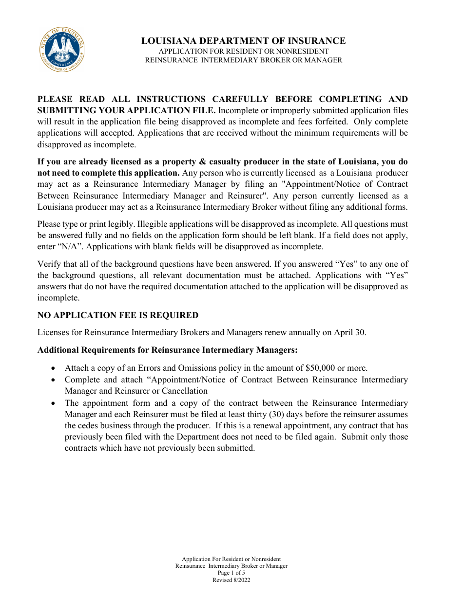 Application for Resident or Nonresident Reinsurance Intermediary Broker or Manager - Louisiana, Page 1