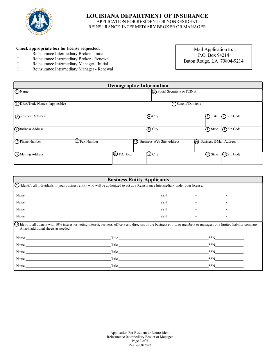 Application for Resident or Nonresident Reinsurance Intermediary Broker or Manager - Louisiana, Page 2