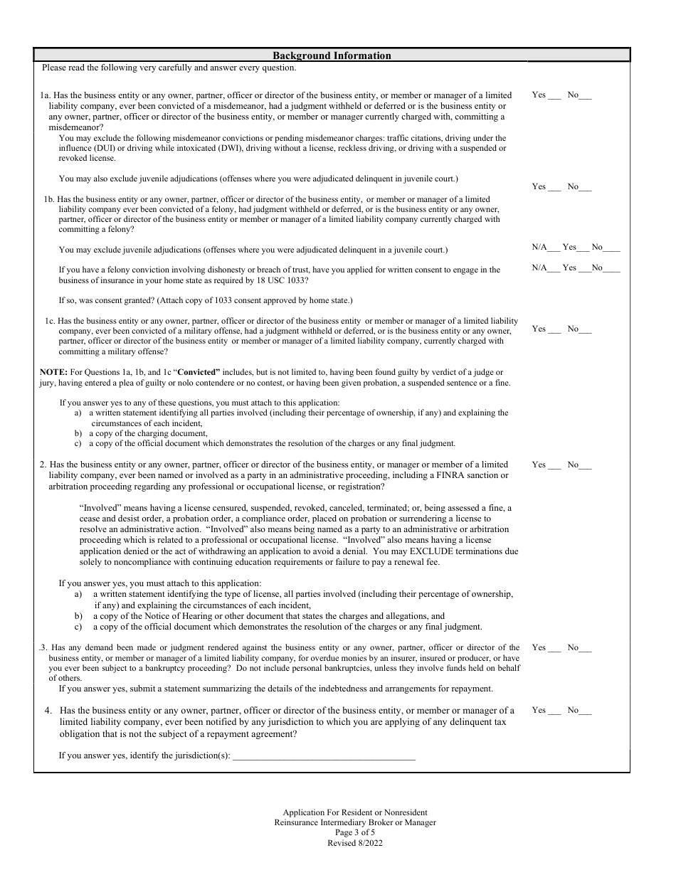 Application for Resident or Nonresident Reinsurance Intermediary Broker or Manager - Louisiana, Page 3