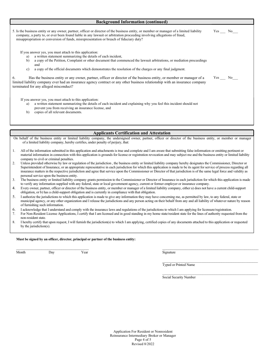 Application for Resident or Nonresident Reinsurance Intermediary Broker or Manager - Louisiana, Page 4