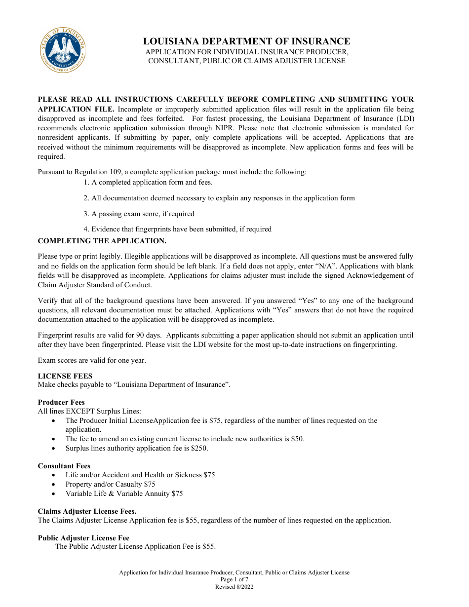 Application for Individual Insurance Producer, Consultant, Public or Claims Adjuster License - Louisiana, Page 1