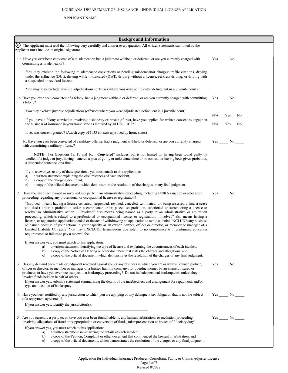Application for Individual Insurance Producer, Consultant, Public or Claims Adjuster License - Louisiana, Page 4
