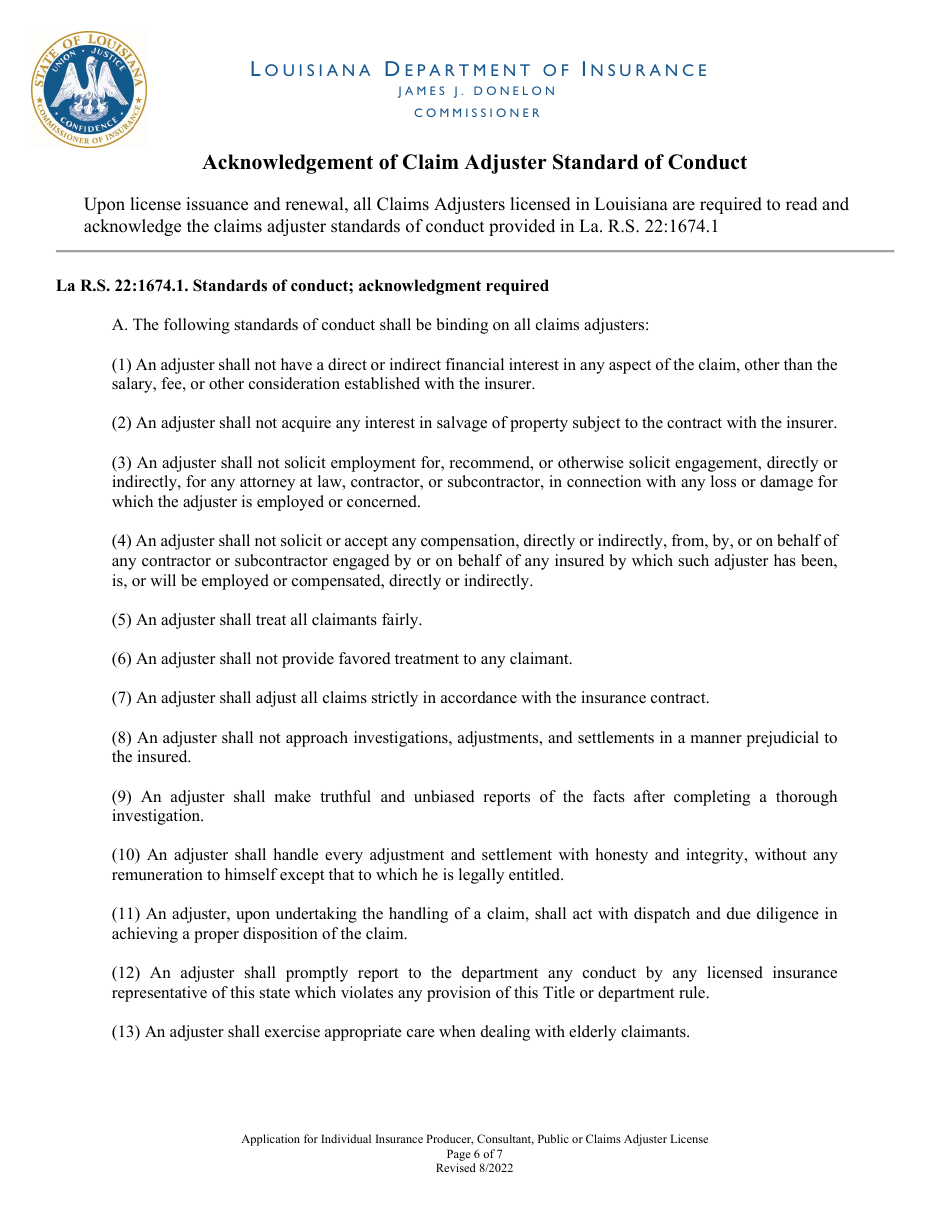 Application for Individual Insurance Producer, Consultant, Public or Claims Adjuster License - Louisiana, Page 6
