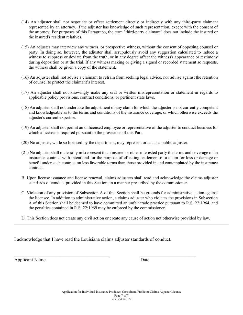 Application for Individual Insurance Producer, Consultant, Public or Claims Adjuster License - Louisiana, Page 7