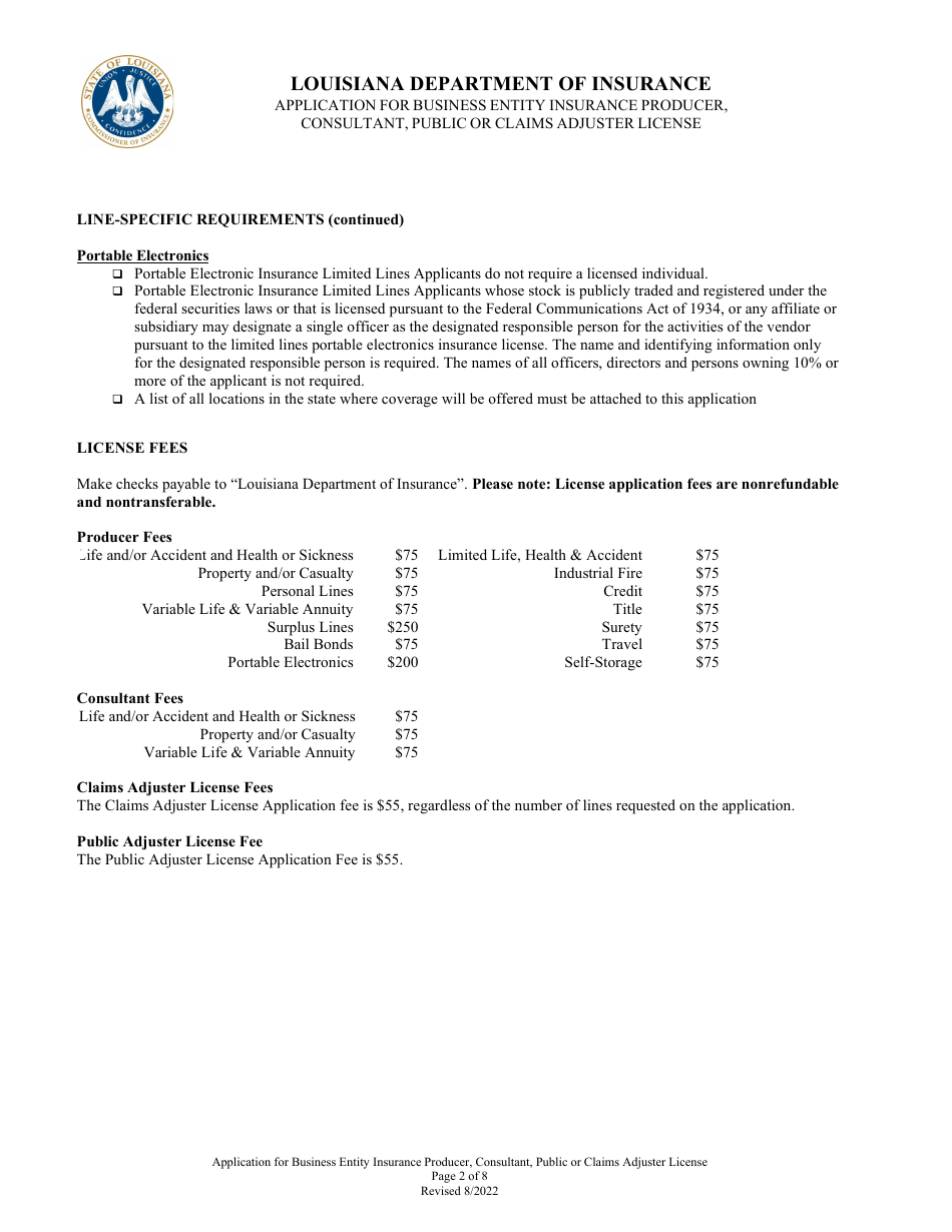 Application for Business Entity Insurance Producer, Consultant, Public or Claims Adjuster License - Louisiana, Page 2