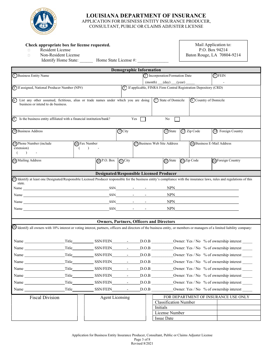 Application for Business Entity Insurance Producer, Consultant, Public or Claims Adjuster License - Louisiana, Page 3