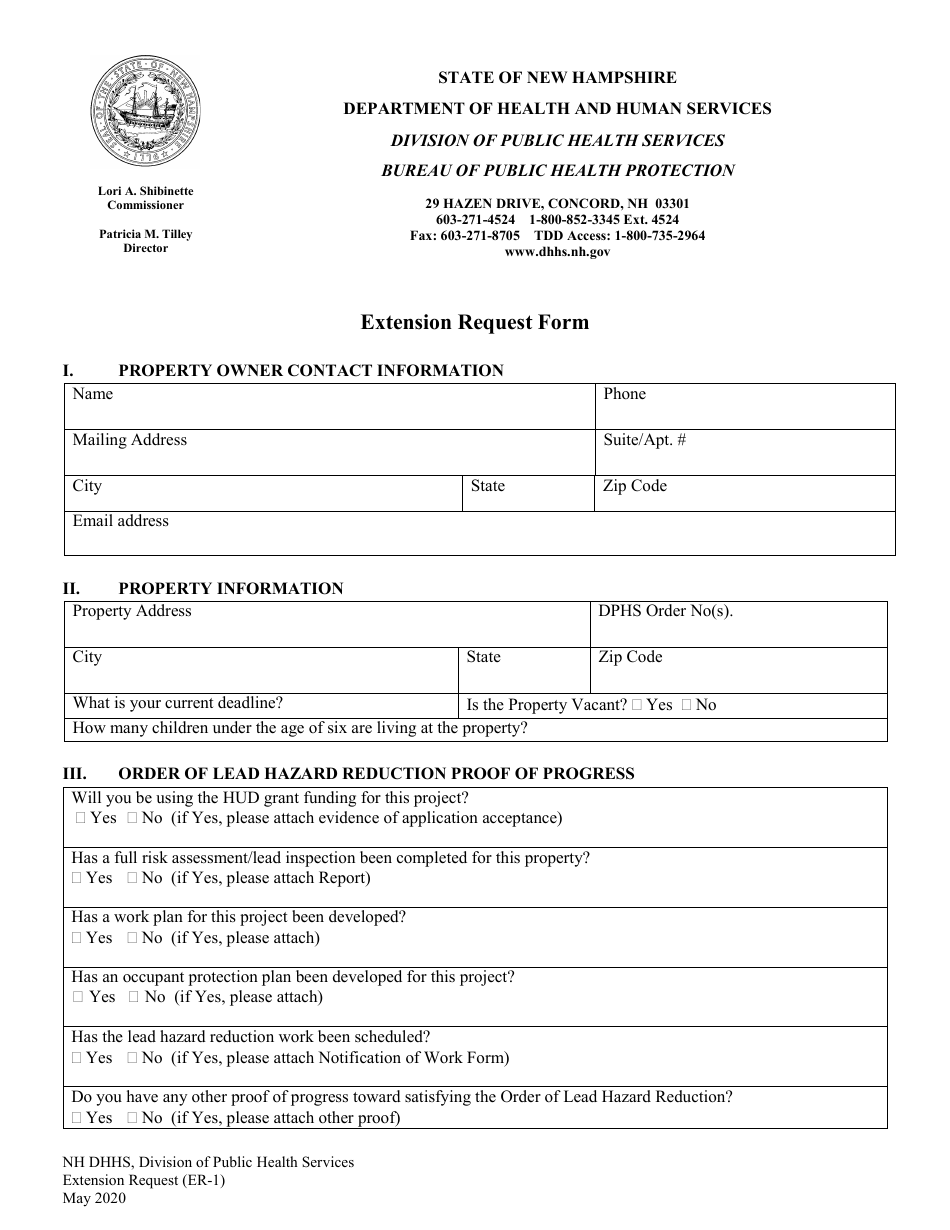 Form ER-1 Extension Request Form - New Hampshire, Page 1
