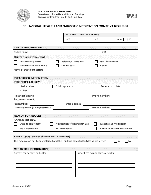 Form 1653 Behavioral Health and Narcotic Medication Consent Request - New Hampshire