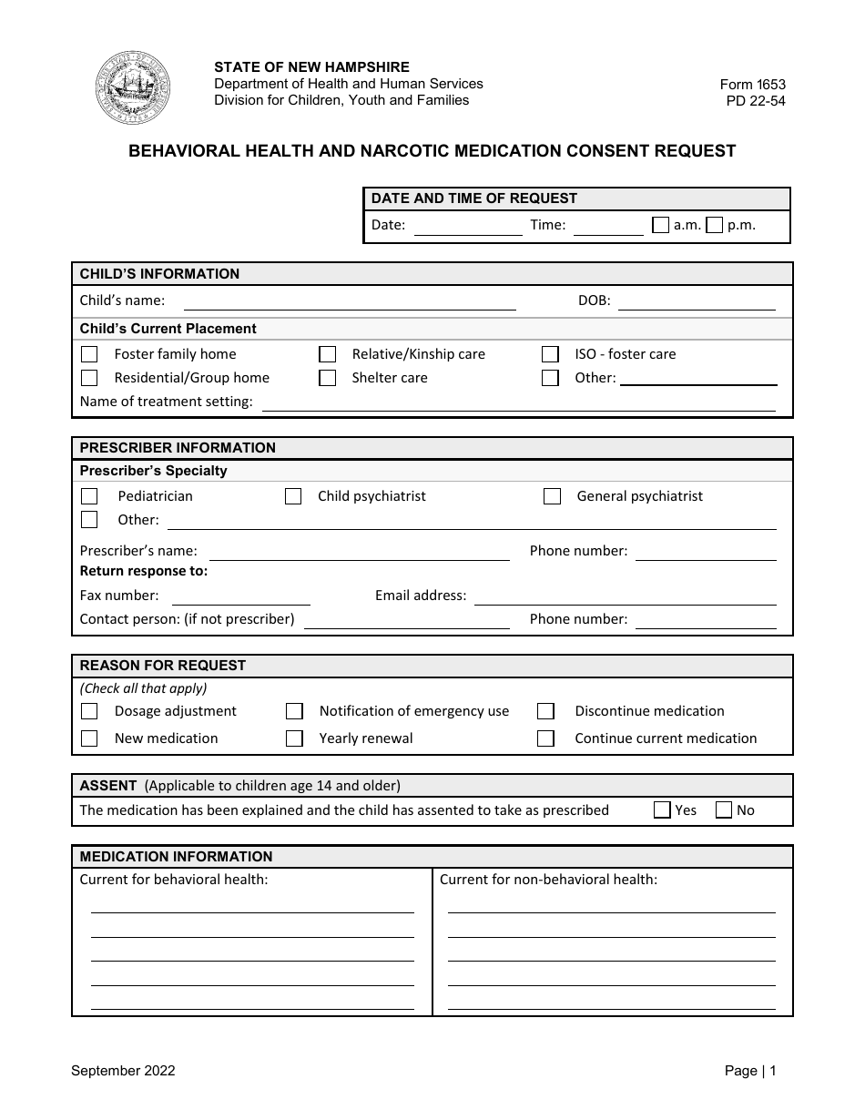 Form 1653 Behavioral Health and Narcotic Medication Consent Request - New Hampshire, Page 1