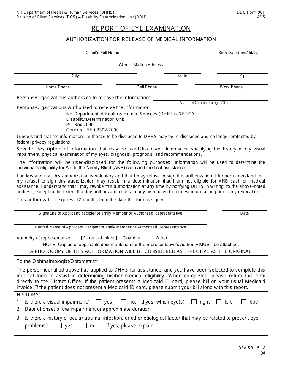 DDU Form 901 Report of Eye Examination - Authorization for Release of Medical Information - New Hampshire, Page 1