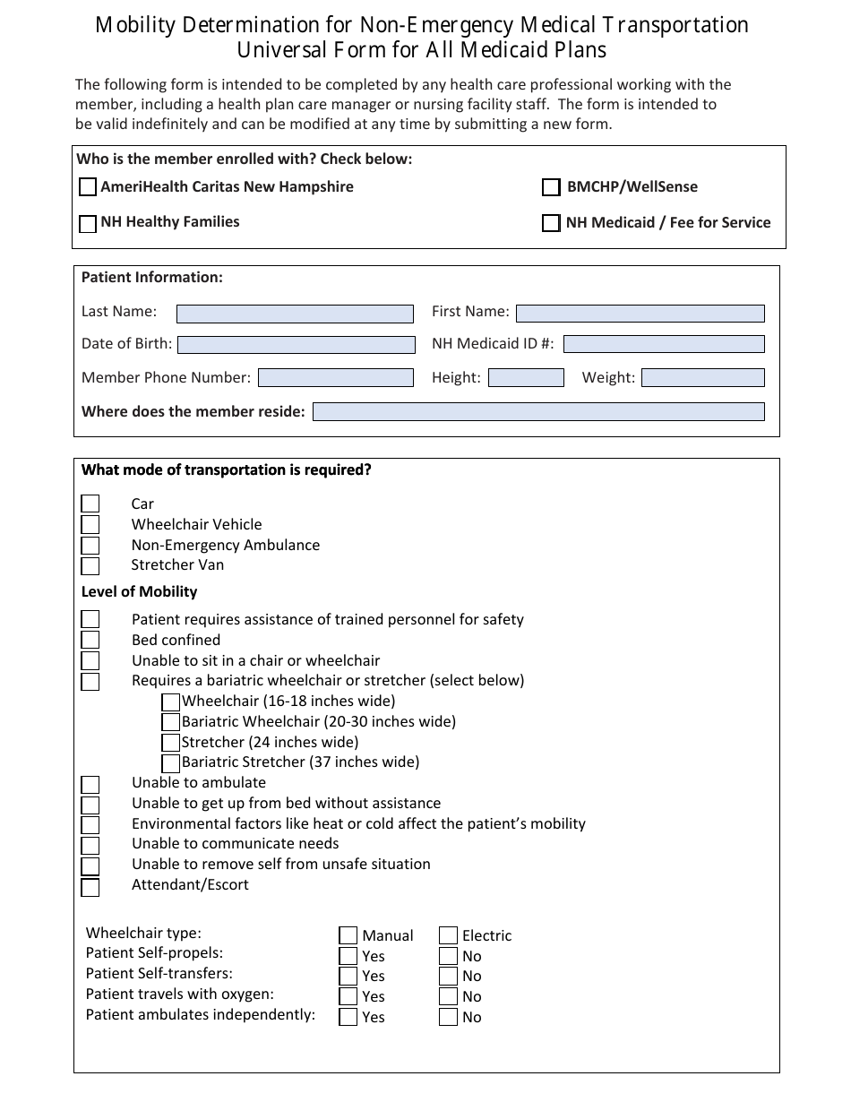 Mobility Determination for Non-emergency Medical Transportation Universal Form for All Medicaid Plans - New Hampshire, Page 1