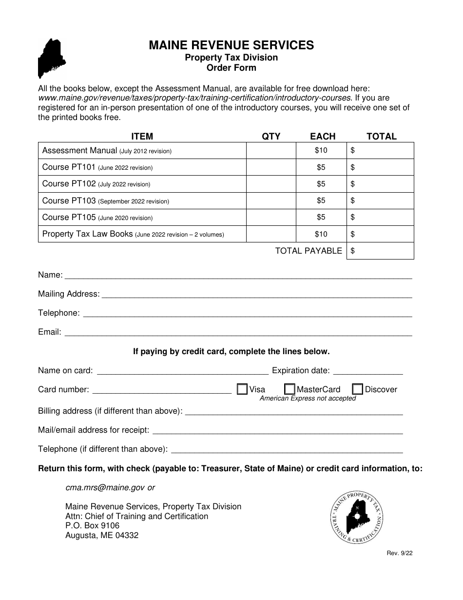 Property Tax Law Book Order Form - Maine, Page 1