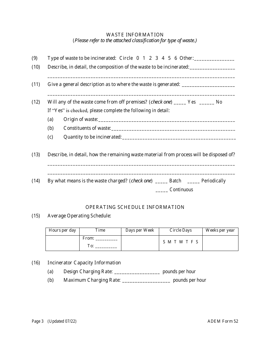 ADEM Form 52 Registration Form for the Construction, Installation, or Modification of an Incinerator - Alabama, Page 3