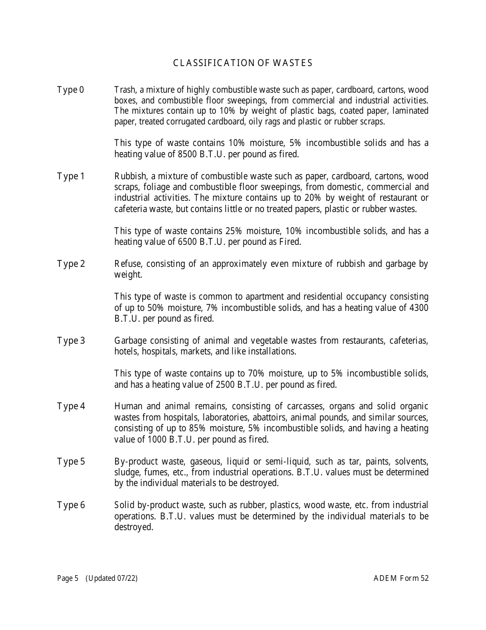 ADEM Form 52 Registration Form for the Construction, Installation, or Modification of an Incinerator - Alabama, Page 5