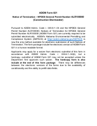 Document preview: ADEM Form 021 Notice of Termination - Npdes General Permit Number Alr100000 - Alabama