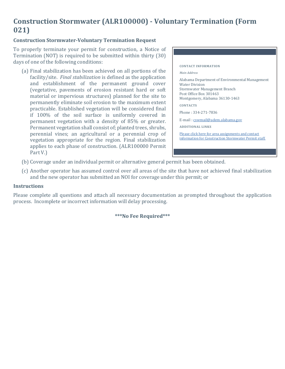 ADEM Form 021 Notice of Termination - Npdes General Permit Number Alr100000 - Alabama, Page 2