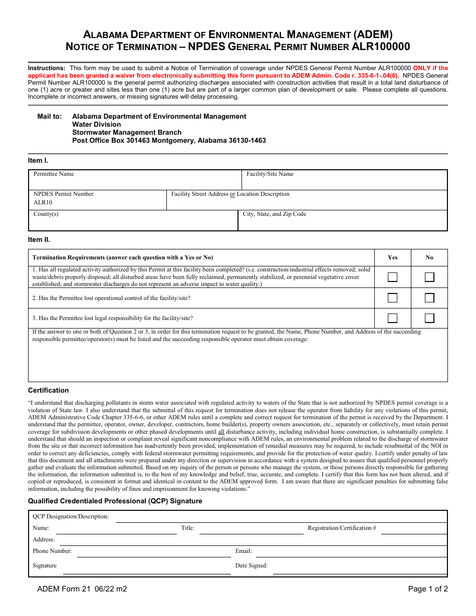 ADEM Form 021 Notice of Termination - Npdes General Permit Number Alr100000 - Alabama, Page 7