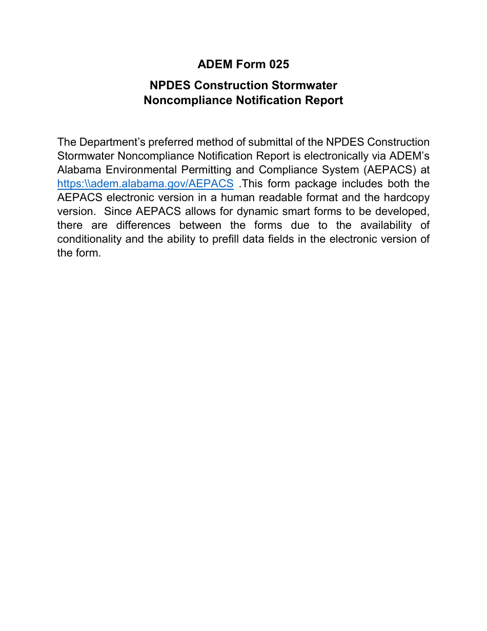 ADEM Form 025 Npdes Construction Stormwater Noncompliance Notification Report - Alabama, Page 1