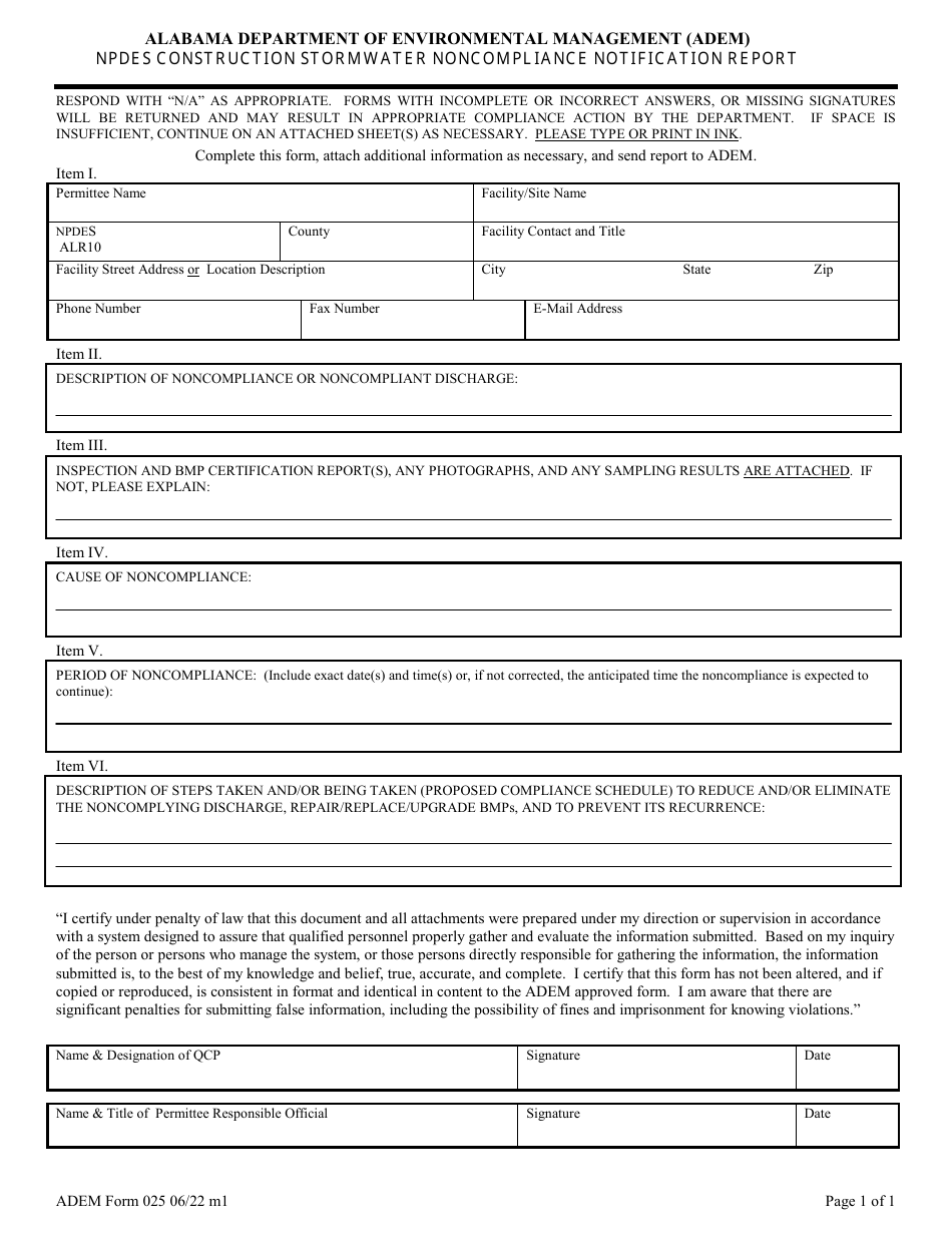 ADEM Form 025 Npdes Construction Stormwater Noncompliance Notification Report - Alabama, Page 6