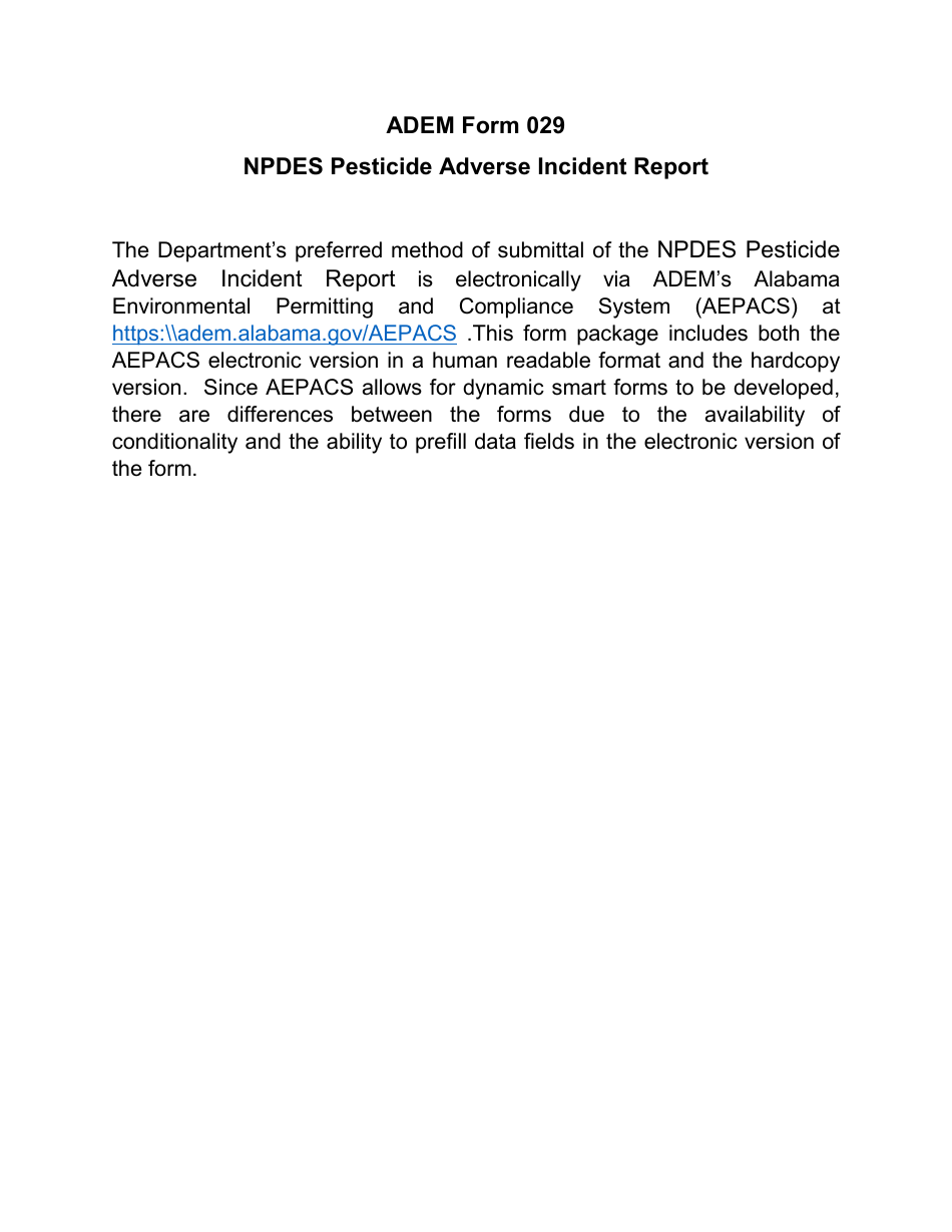 ADEM Form 029 Npdes Pesticide Adverse Incident Report - Alabama, Page 1