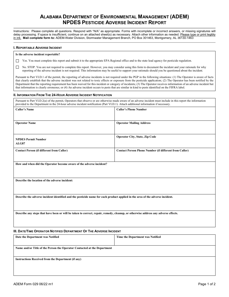 ADEM Form 029 Npdes Pesticide Adverse Incident Report - Alabama, Page 8