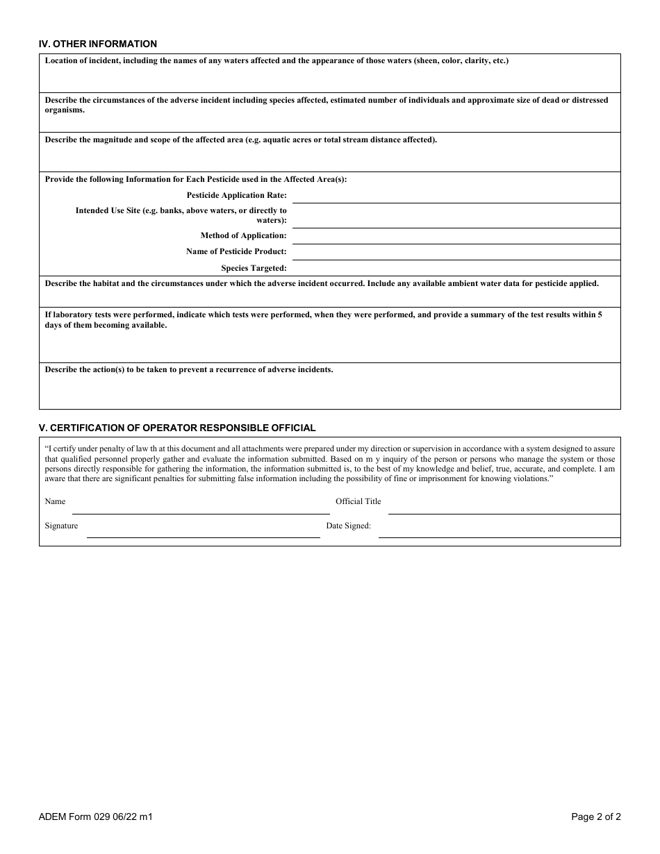 ADEM Form 029 Npdes Pesticide Adverse Incident Report - Alabama, Page 9