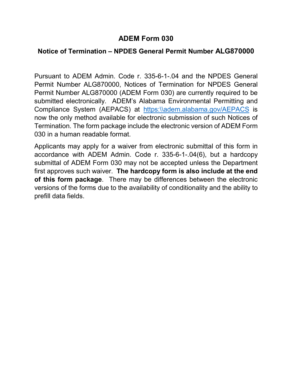 ADEM Form 030 Notice of Termination - Npdes General Permit Number Alg870000 - Alabama, Page 1