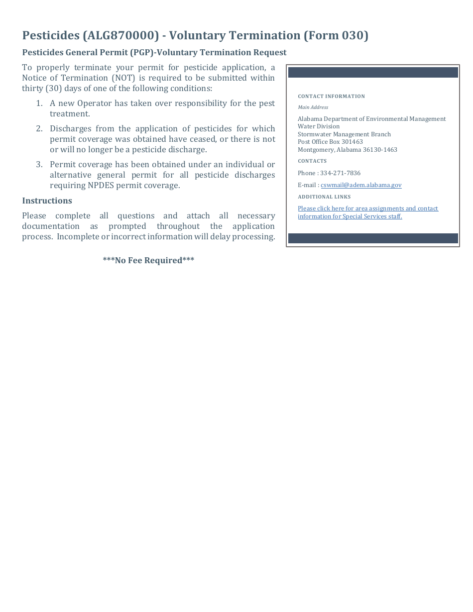 ADEM Form 030 Notice of Termination - Npdes General Permit Number Alg870000 - Alabama, Page 2
