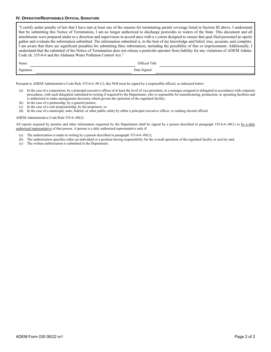 ADEM Form 030 Notice of Termination - Npdes General Permit Number Alg870000 - Alabama, Page 7
