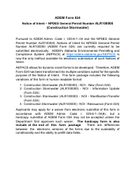 Document preview: ADEM Form 024 Notice of Intent - Npdes General Permit Number Alr100000 (Construction Stormwater) - Alabama