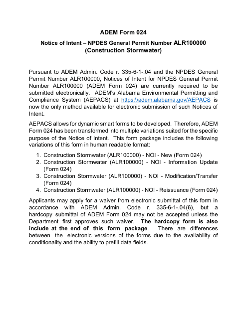ADEM Form 024 Notice of Intent - Npdes General Permit Number Alr100000 (Construction Stormwater) - Alabama