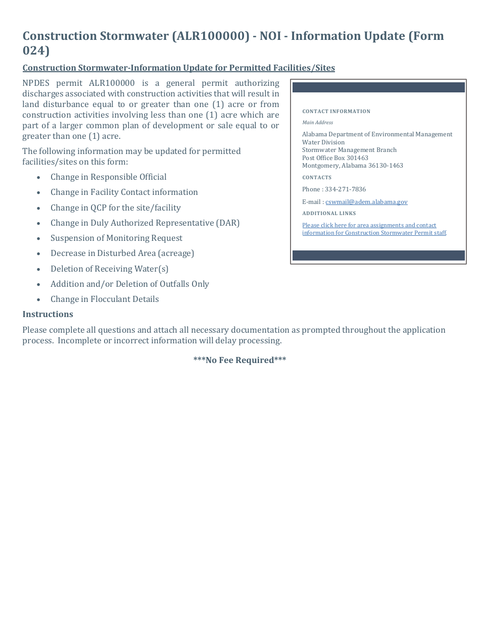 ADEM Form 024 Notice of Intent - Npdes General Permit Number Alr100000 (Construction Stormwater) - Alabama, Page 11