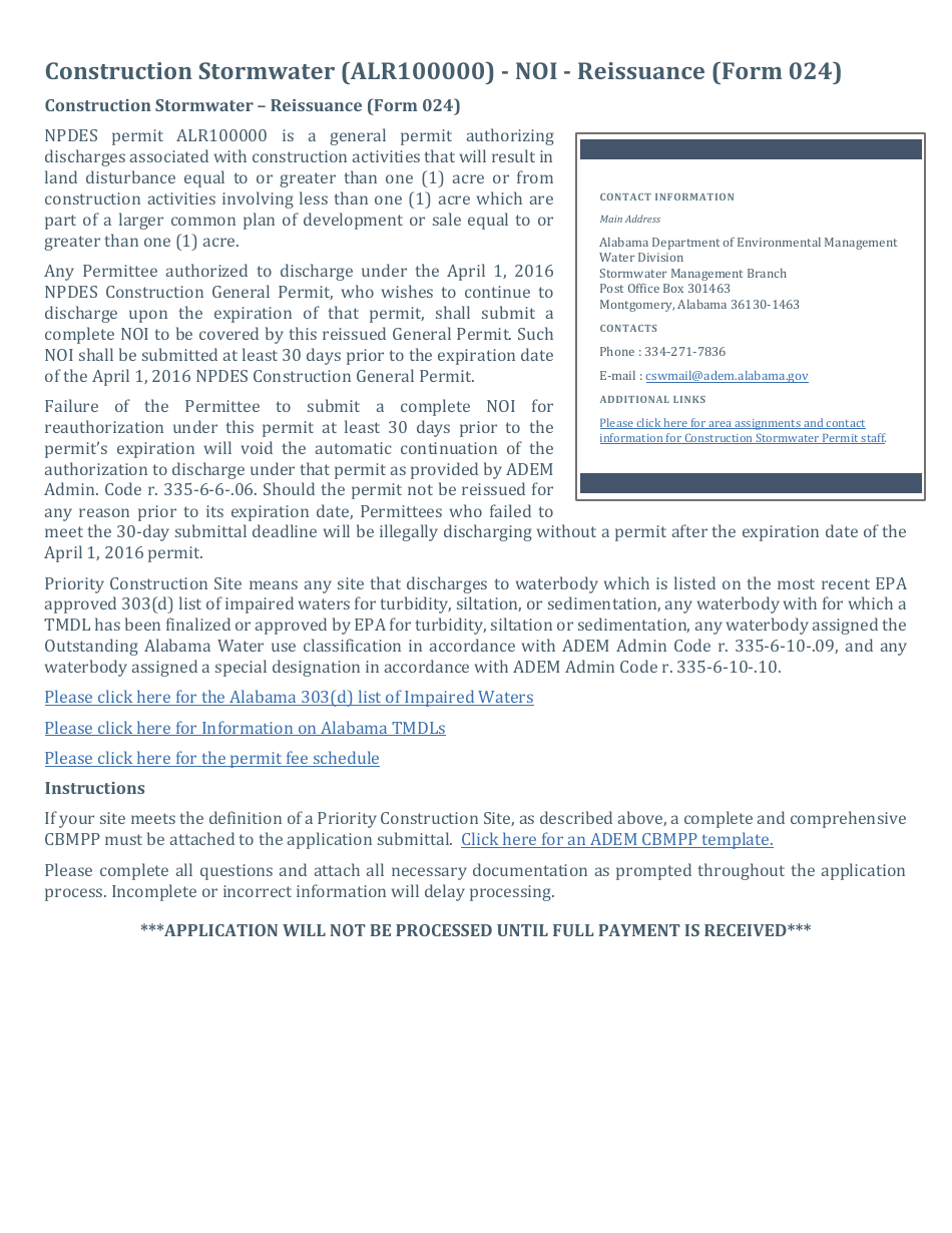 ADEM Form 024 Notice of Intent - Npdes General Permit Number Alr100000 (Construction Stormwater) - Alabama, Page 29