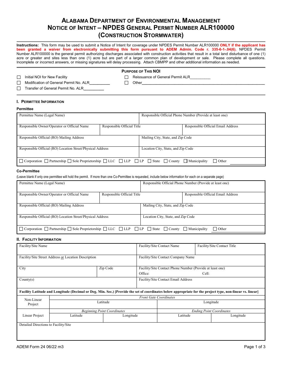 ADEM Form 024 Notice of Intent - Npdes General Permit Number Alr100000 (Construction Stormwater) - Alabama, Page 38