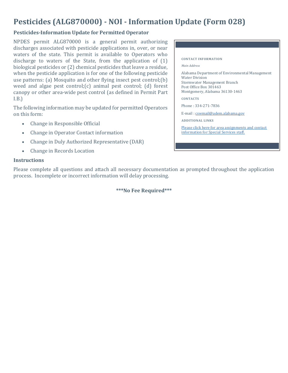 ADEM Form 028 Notice of Intent - Npdes General Permit Number Alg870000 (Pesticides) - Alabama, Page 10