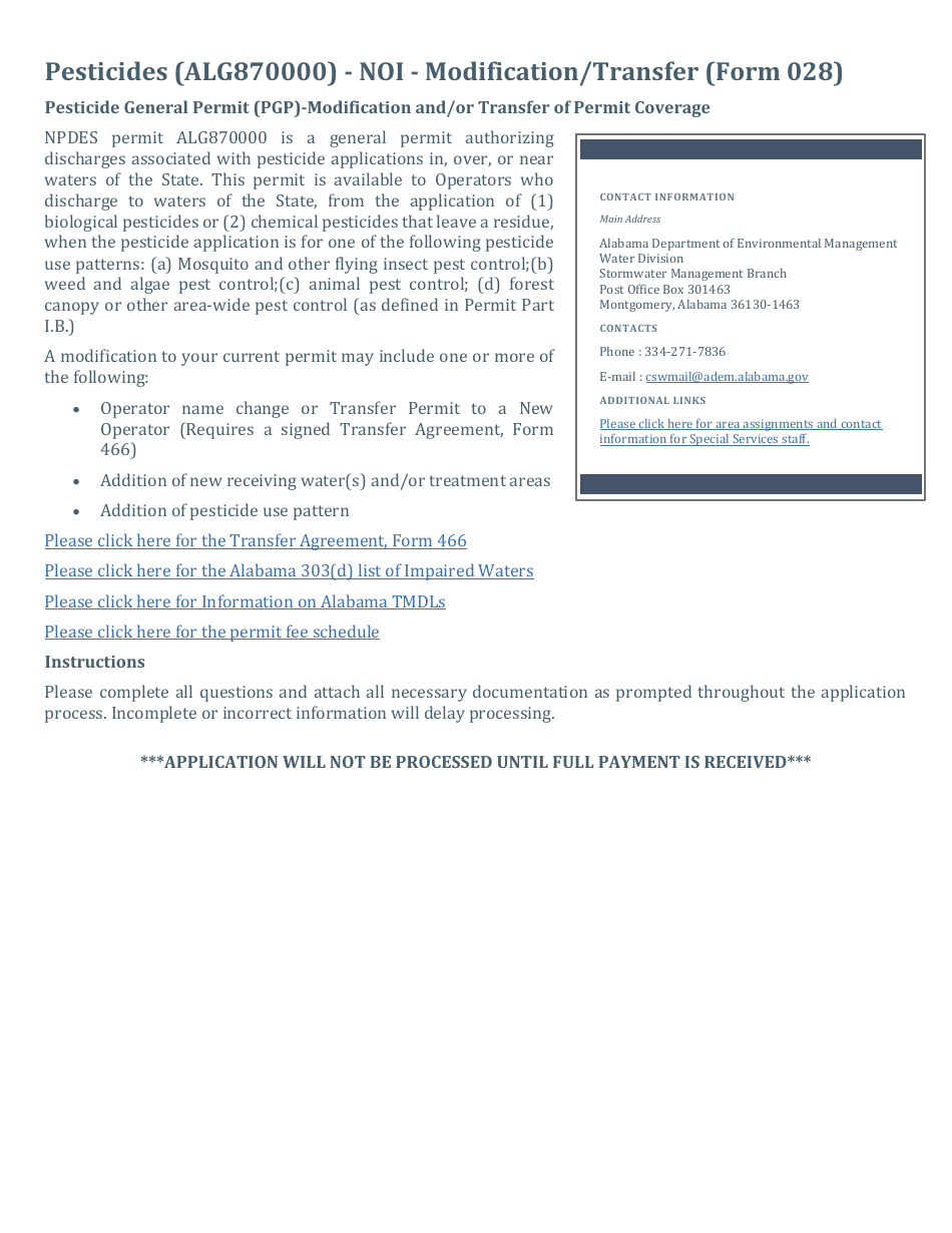 ADEM Form 028 Notice of Intent - Npdes General Permit Number Alg870000 (Pesticides) - Alabama, Page 16