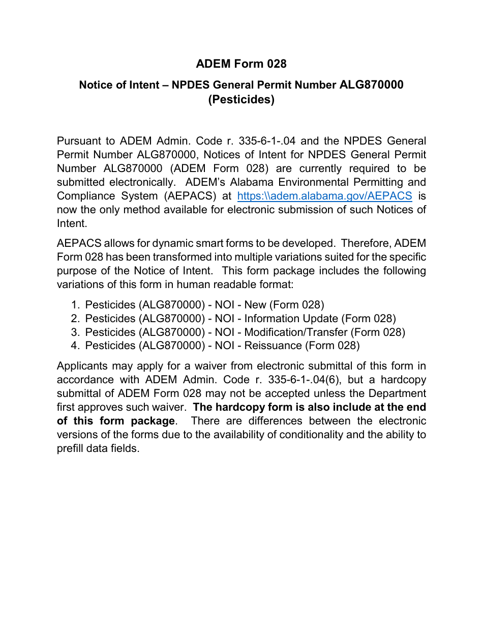 ADEM Form 028 Notice of Intent - Npdes General Permit Number Alg870000 (Pesticides) - Alabama, Page 1