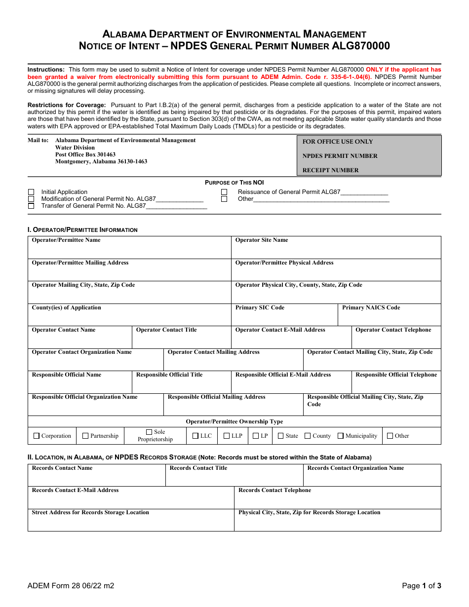 ADEM Form 028 Notice of Intent - Npdes General Permit Number Alg870000 (Pesticides) - Alabama, Page 32