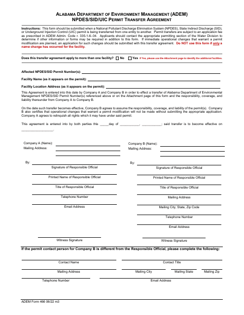 ADEM Form 466 Npdes/Sid/Uic Permit Transfer Agreement - Alabama