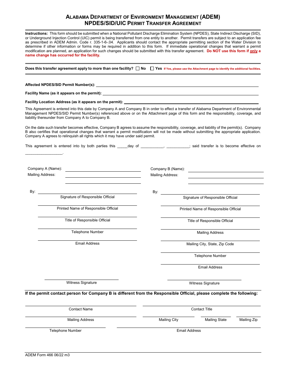 ADEM Form 466 Download Fillable PDF Or Fill Online Npdes/Sid/Uic Permit ...