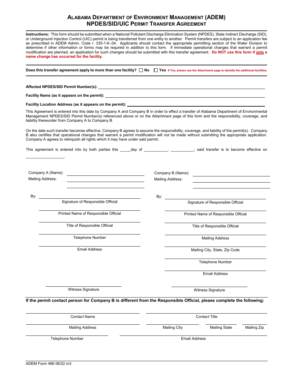 ADEM Form 466 Npdes / Sid / Uic Permit Transfer Agreement - Alabama, Page 1