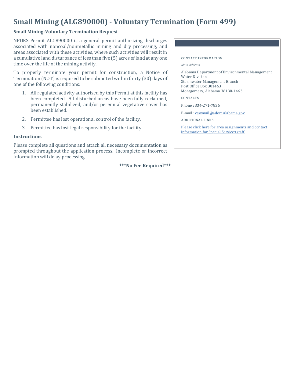 ADEM Form 499 Notice of Termination - Npdes General Permit Number Alg890000 - Alabama, Page 2