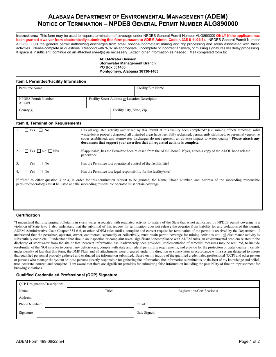 ADEM Form 499 Notice of Termination - Npdes General Permit Number Alg890000 - Alabama, Page 8