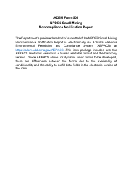 Document preview: ADEM Form 501 Npdes Small Mining Noncompliance Notification Report - Alabama