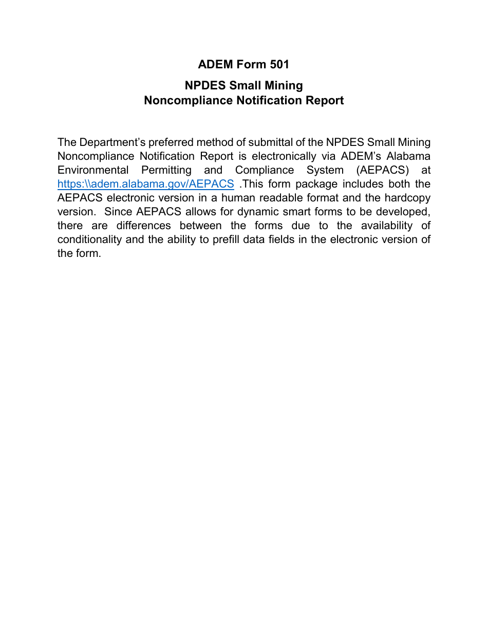ADEM Form 501 Npdes Small Mining Noncompliance Notification Report - Alabama, Page 1