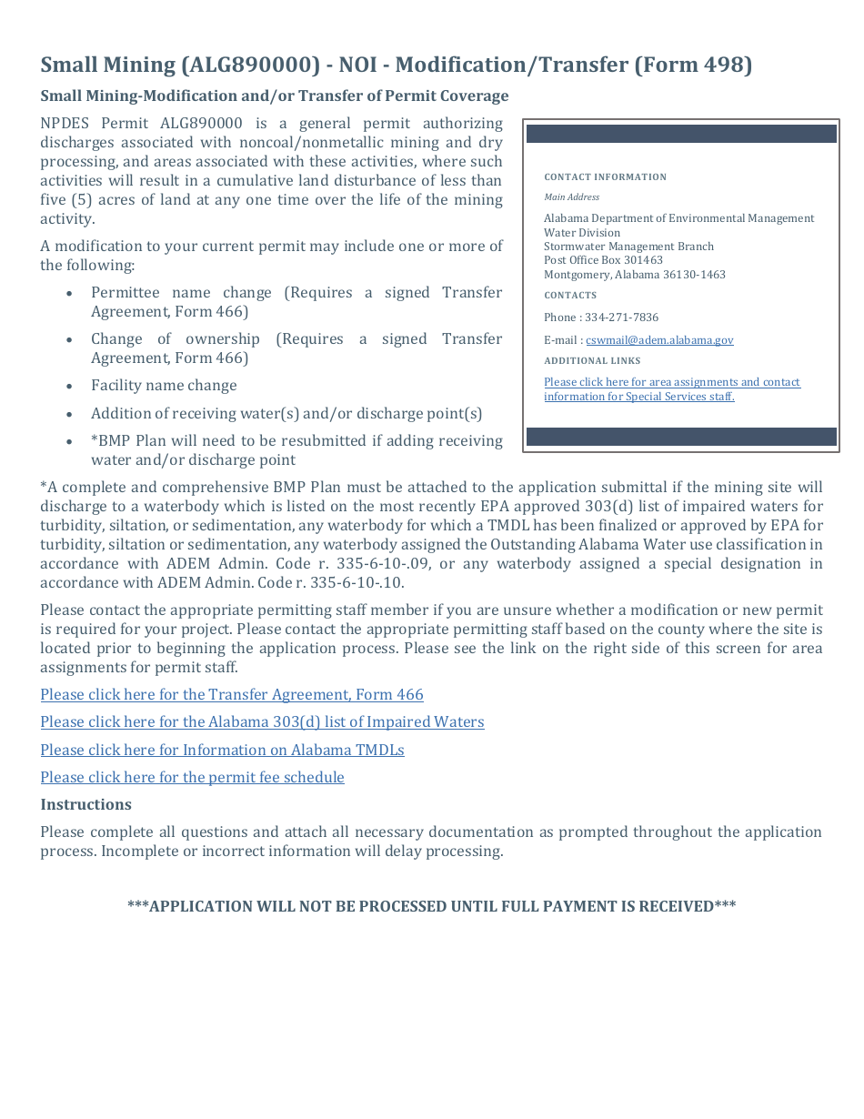 ADEM Form 498 Notice of Intent - Npdes General Permit Number Alg890000 - Alabama, Page 19