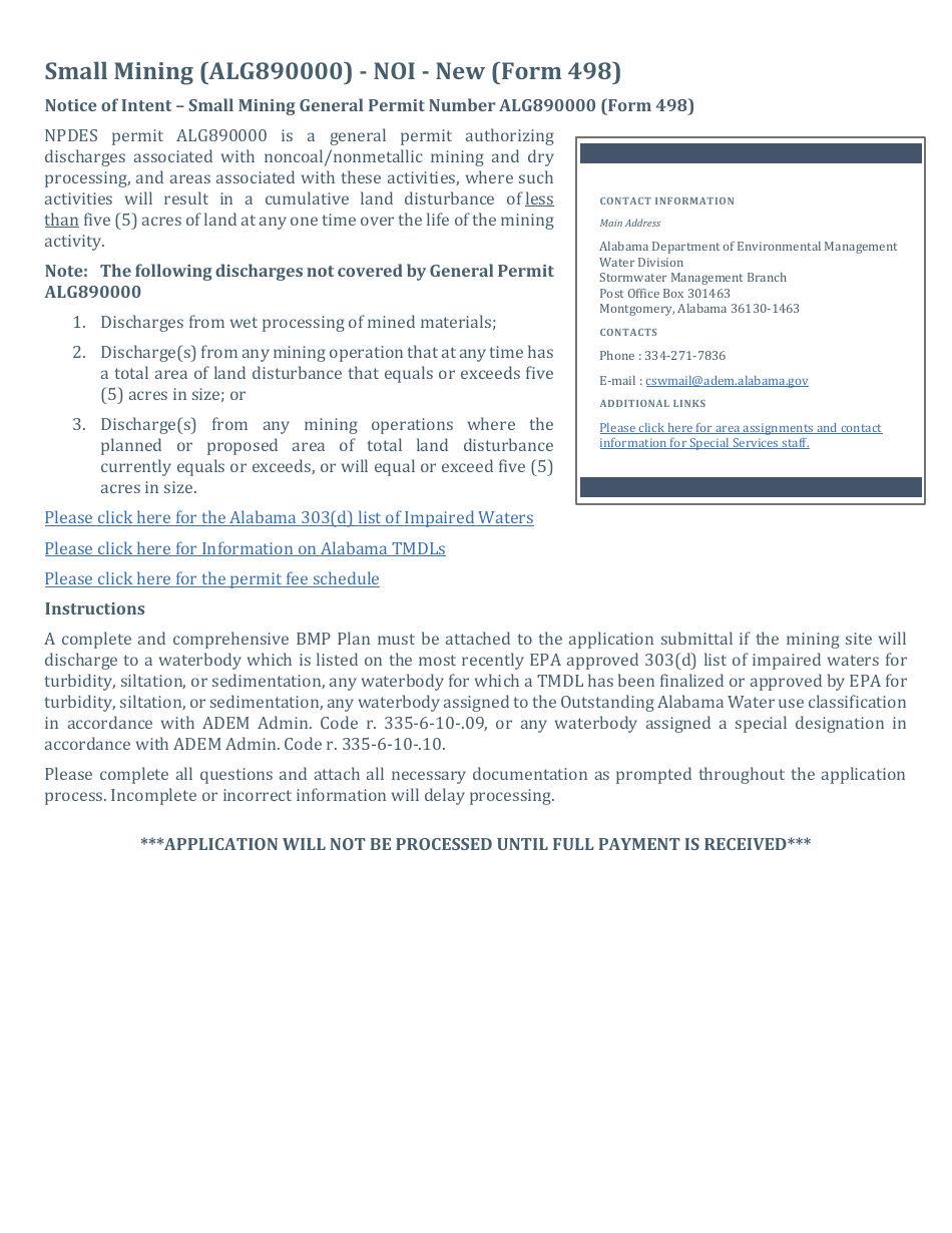 ADEM Form 498 Notice of Intent - Npdes General Permit Number Alg890000 - Alabama, Page 2