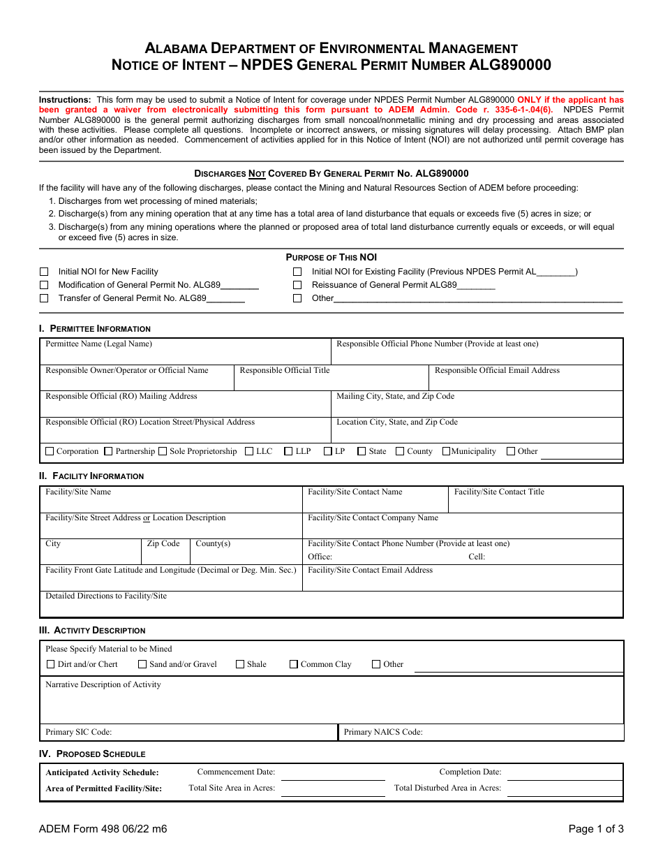 ADEM Form 498 Notice of Intent - Npdes General Permit Number Alg890000 - Alabama, Page 37