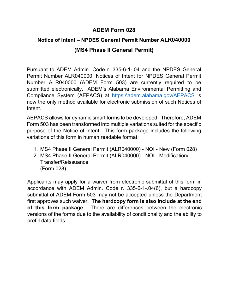 ADEM Form 503 Notice of Intent - Npdes General Permit Number Alr040000 (Ms4 Phase II) - Alabama, Page 1