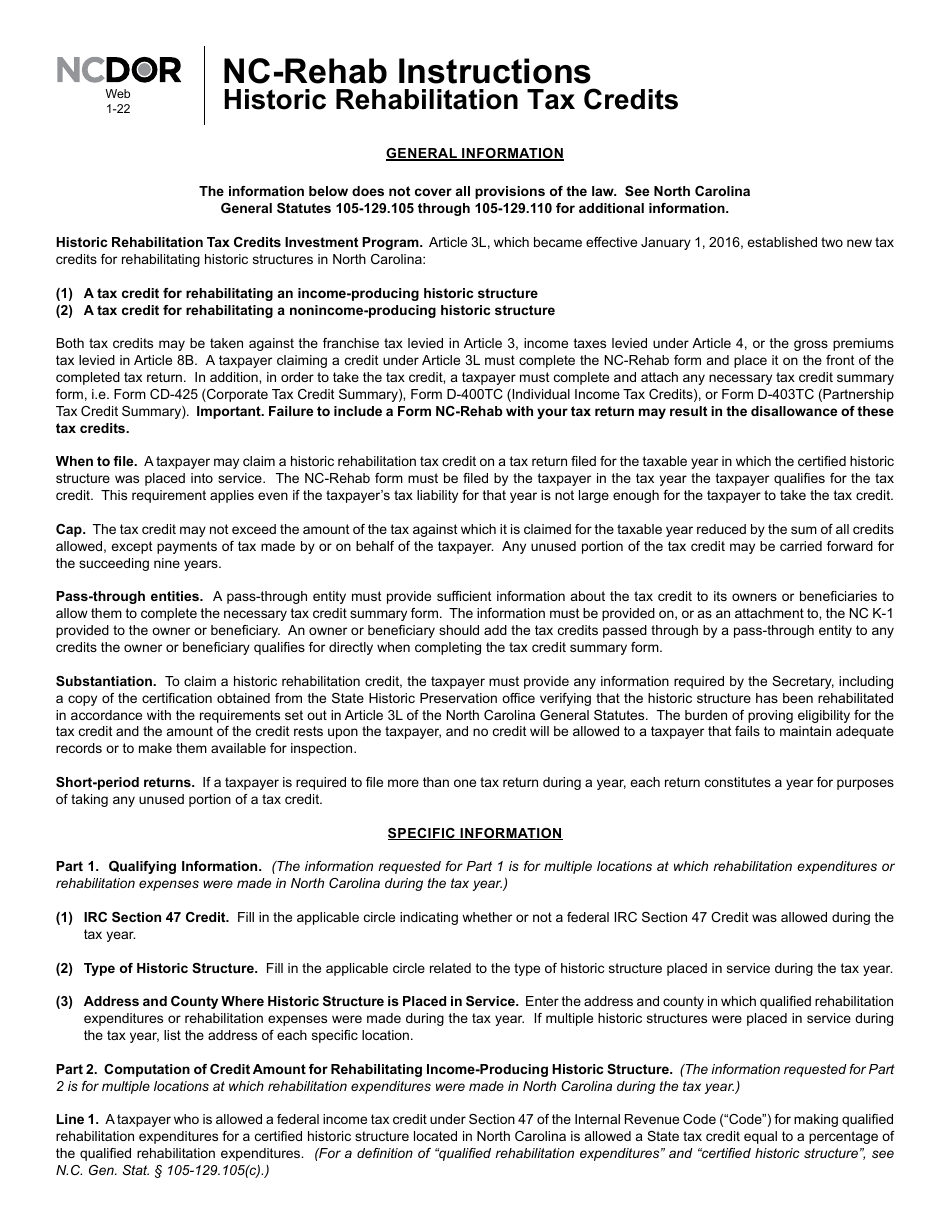 Instructions for Form NC-REHAB Historic Rehabilitation Tax Credits - North Carolina, Page 1